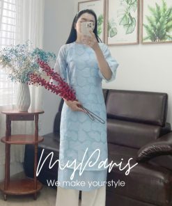 Áo dài dập hoa xanh dương kèm quần lụa tà đôi chính hãng MYPARIS