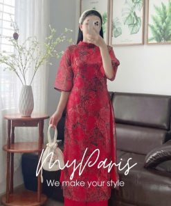 Áo dài hoa trà đỏ kèm quần lụa tà đôi chính hãng MYPARIS
