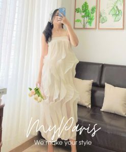 Đầm tơ kem hai dây tua rua chính hãng MYPARIS