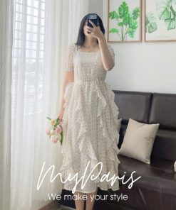 Đầm tơ kem tua rua hoa nhí chính hãng MYPARIS