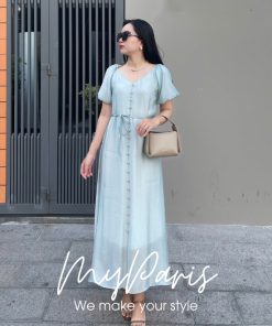 Đầm suông tay phồng cổ V phối nút chính hãng MYPARIS