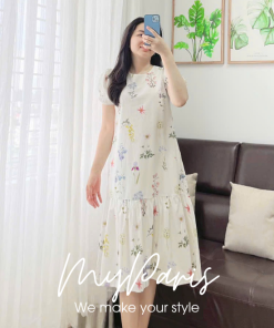 Đầm suông kate trắng in hoa đuôi cá tay phồng chính hãng MYPARIS