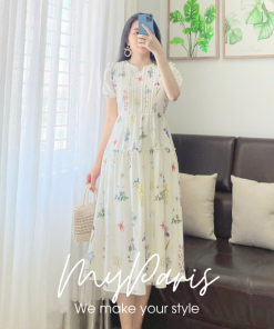 Đầm suông kate trắng in hoa chân váy bèo may sóng chính hãng MYPARIS