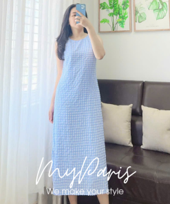 Đầm suông tơ xốp sát nách sọc caro xẻ tà chính hãng MYPARIS
