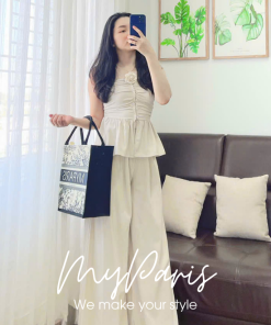 Set áo cup nhún hoa hồng và quần sang trọng chính hãng MYPARIS