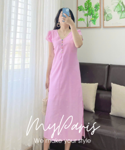 Đầm suông linen vổ V phối nút nhiều màu có tay chính hãng MYPARIS