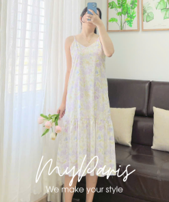 Đầm suông maxi cổ tim in hoa chính hãng MYPARIS