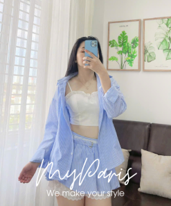 Set sơ mi kate sọc kèm áo hai dây trắng chính hãng MYPARIS