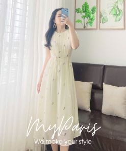 Đầm suông tơ in hoa xếp nhún buộc eo chính hãng MYPARIS