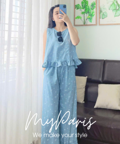 Set bộ áo sát nách phối bèo và quần denim in hoa sang trong chính hãng MYPARIS