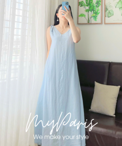 Đầm suông tơ cổ V xoán dây vai chính hãng MYPARIS
