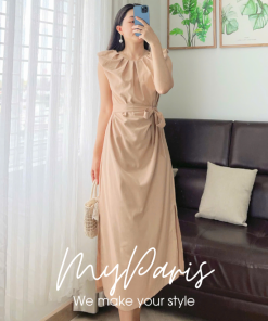 Đầm suông linen sát nách xếp bèo cổ phối dây eo chính hãng MYPARIS