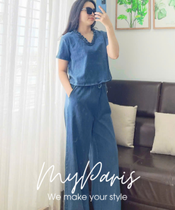 Set bộ áo phối cổ bèo và quần denim sang trong chính hãng MYPARIS