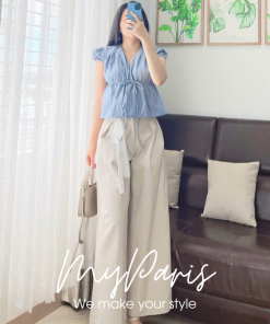 Set bộ áo kate sọc thắt nơ và quần chính hãng MYPARIS