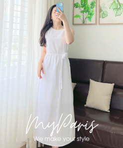 Đầm suông linen sát nách cổ tim nhún vai chính hãng MYPARIS