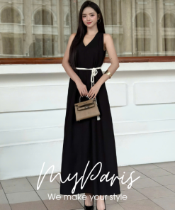 Đầm suông linen cổ V phối dây eo chính hãng MYPARIS