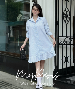 Đầm suông sơ mi kate sọc tay dài chân váy đuôi cá chính hãng MYPARIS