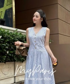 Đầm suông midi sọc phối nút gỗ chính hãng MYPARIS 3 MYPARIS 21