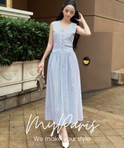 Đầm suông midi sọc phối nút gỗ chính hãng MYPARIS 2 MYPARIS 22