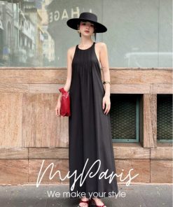 Đầm suông linen xếp li cổ yếm chính hãng MYPARIS