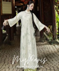 Áo dài xanh thêu nổi kèm quần lụa tà đôi chính hãng MYPARIS