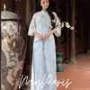 Áo dài xanh dương thêu kèm quần lụa tà đôi chính hãng MYPARIS