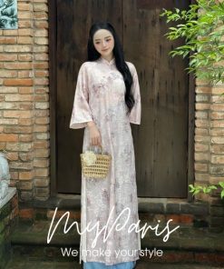 Áo dài hồng thêu kèm quần lụa tà đôi chính hãng MYPARIS