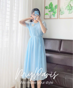 Đầm suông tơ bèo cổ tay suông phối hoa chính hãng MYPARIS