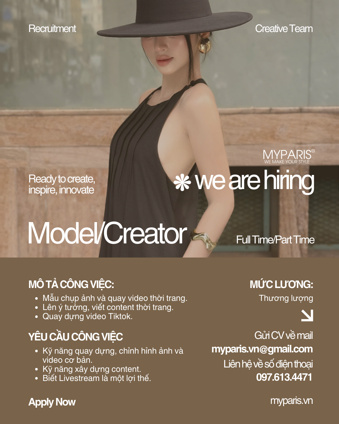 MYPARIS ĐANG TUYỂN DỤNG - MODEL/CONTENT CREATOR 3 tuyển dụng, myparis, nha trang, thời trang, đầm thiết kế, người mẫu, nhà sáng tạo nội dung.