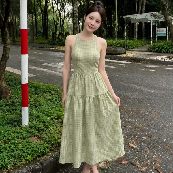 Đầm dài cổ yếm phối dây lưng đan chéo chính hãng MYPARIS
