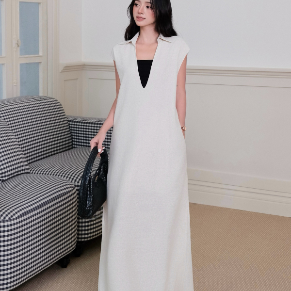 Set đầm linen cổ V sát nách phối áo quây chính hãng MYPARIS