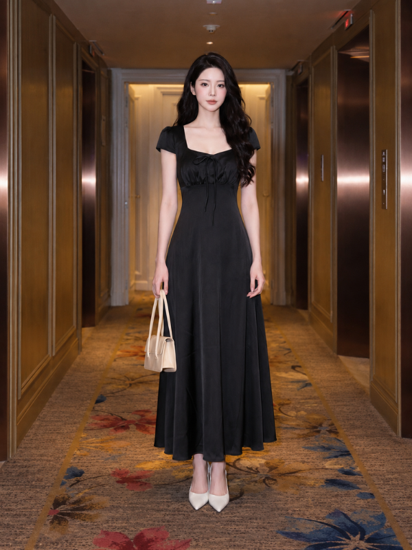 Đầm body lụa tay lở phối nơ chính hãng MYPARIS