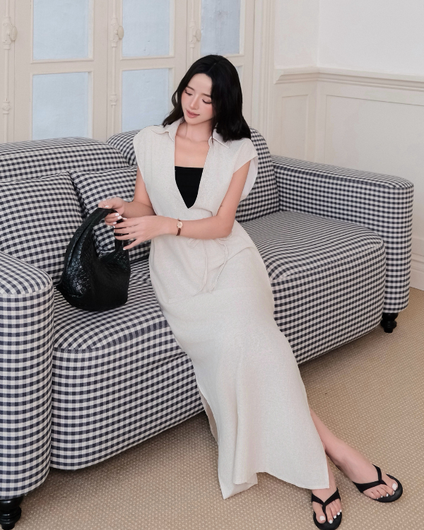 Set đầm linen cổ V sát nách phối áo quây chính hãng MYPARIS