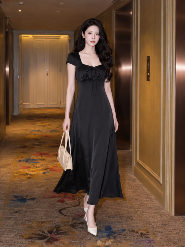 Đầm body lụa tay lở phối nơ chính hãng MYPARIS