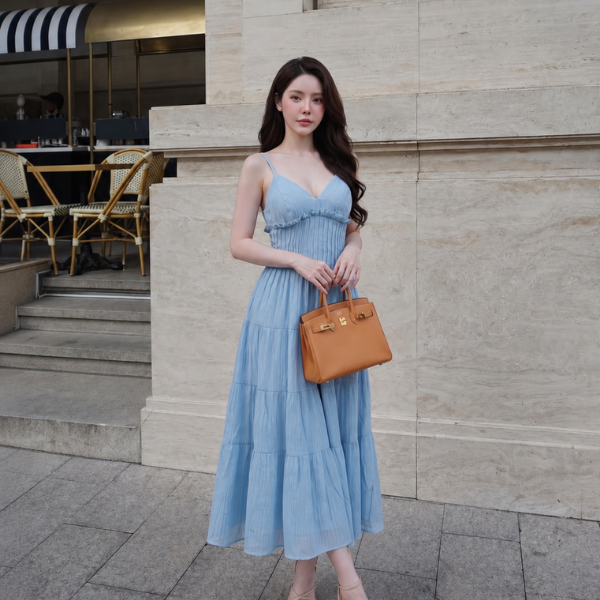 Đầm dài hai dây cổ tim chun eo chính hãng MYPARIS