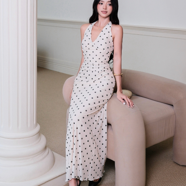 Đầm body cổ V hở lưng họa tiết chấm bi chính hãng MYPARIS