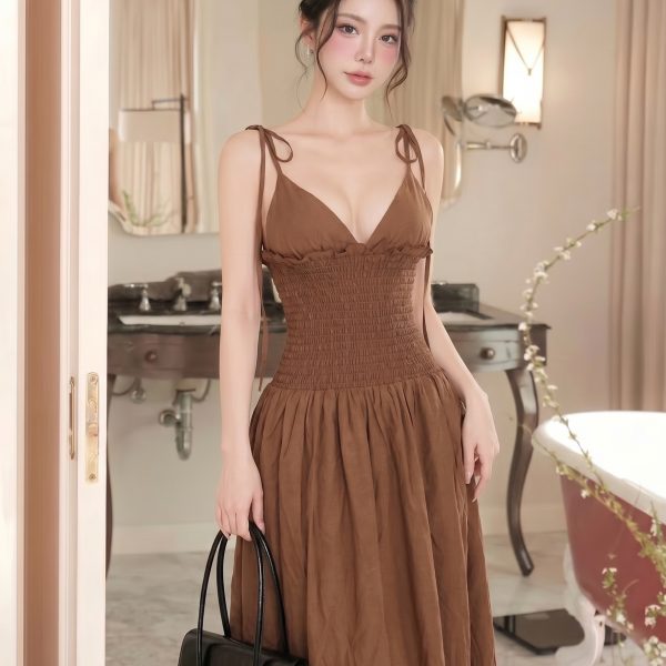 Đầm dài buộc nơ vai cổ tim chun eo chính hãng MYPARIS