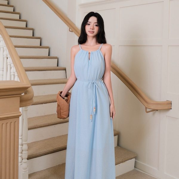 Đầm suông linen cổ yếm hai dây dáng dài phối hạt gỗ buộc eo chính hãng MYPARIS