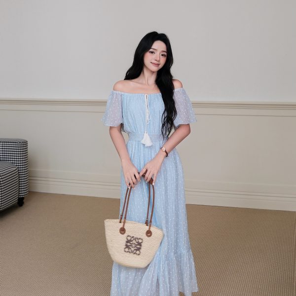 Đầm suông maxi bẹt vai tay cánh tiên in hoa phối đai eo chính hãng MYPARIS